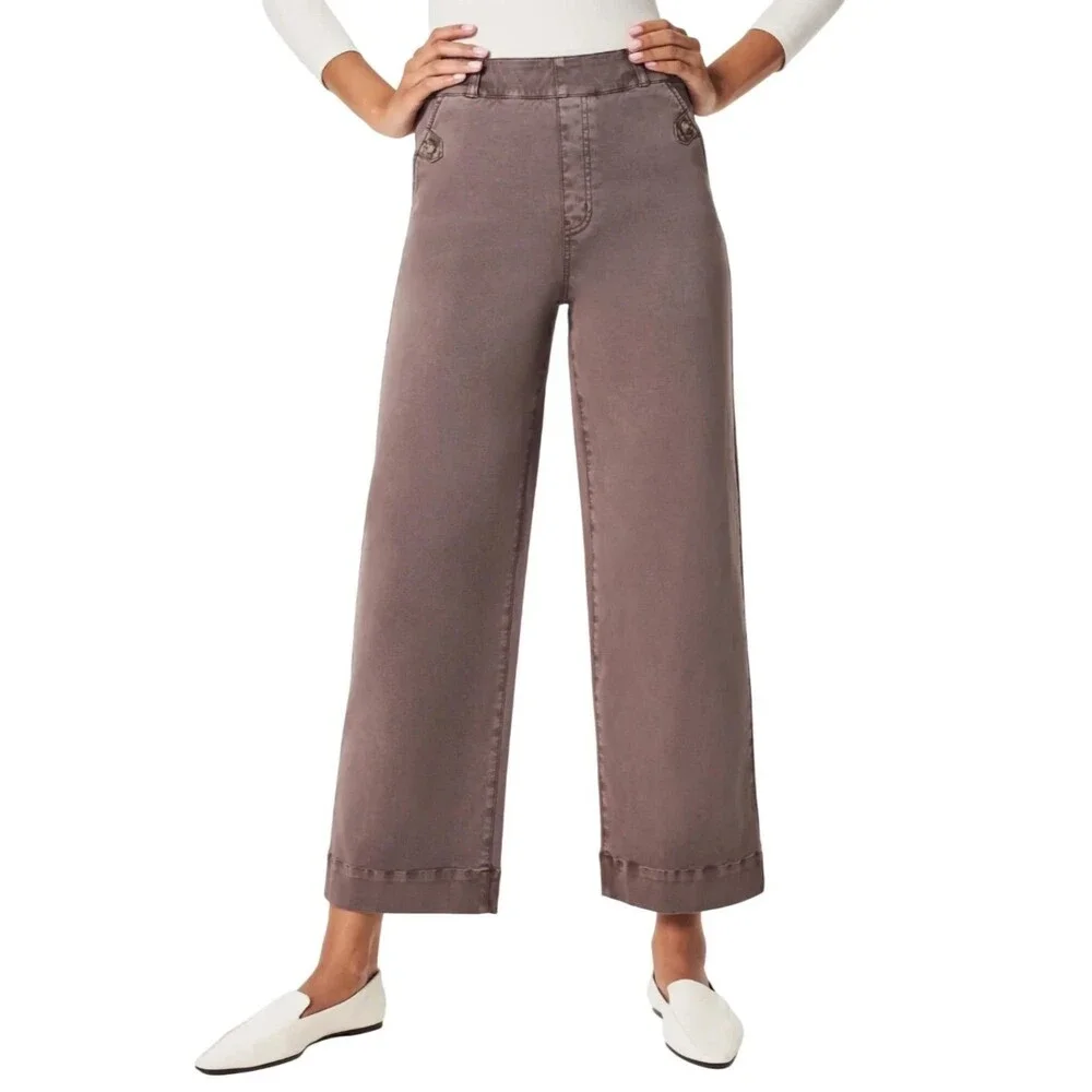 SPANX Supersmooth Stretch Twill Wide Leg Cropped Pants Womens S Smoke Pull On